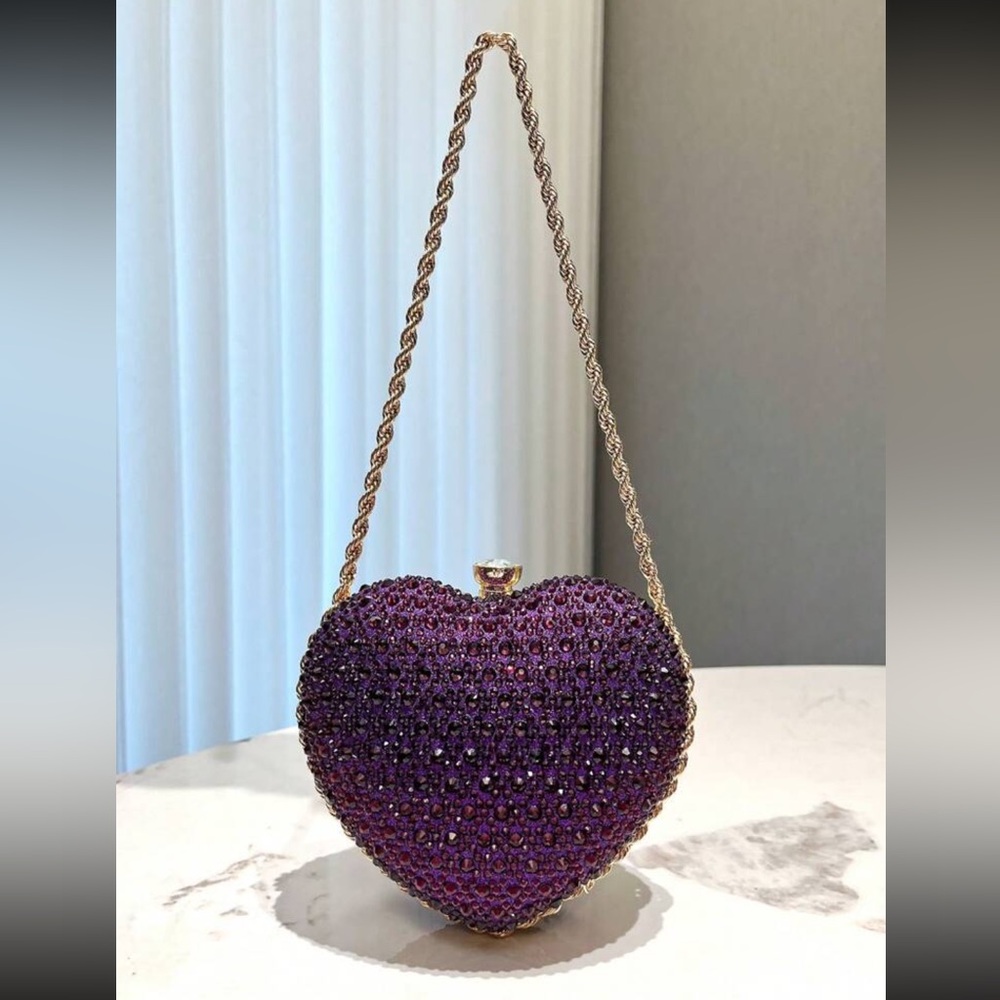 Purple Heart Shaped Rhinestone Inlaid, Metal Chain Strap Handbag / Clutch - Picture 7 of 15